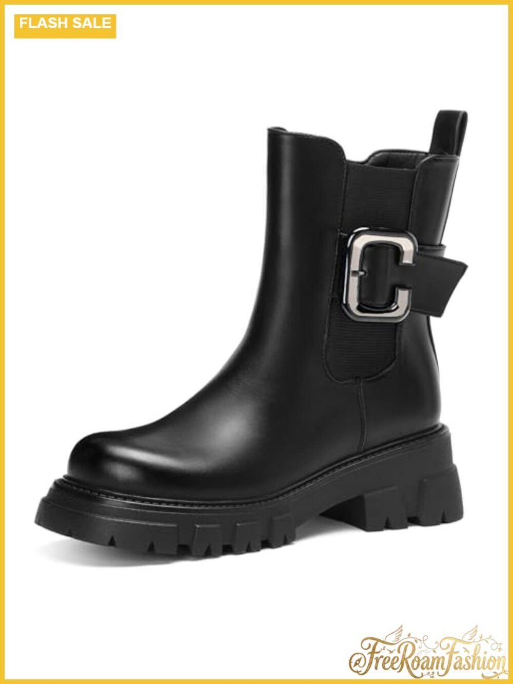 Chelsea Boots Women Ankle Booties Lug Sole Round Toe Combat Boot Chunky Zipper